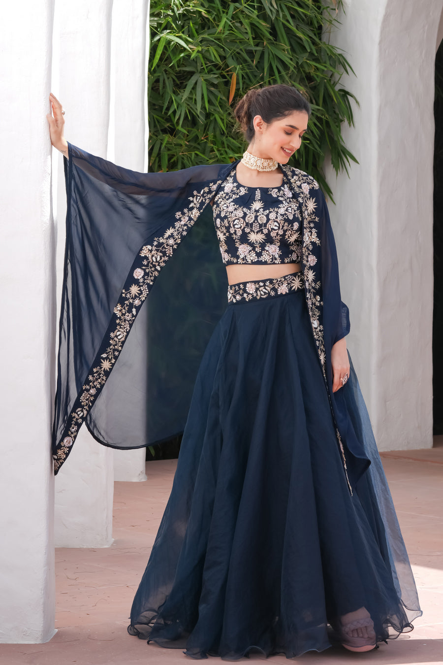 Nazraana Navy Blue Crop Top Set