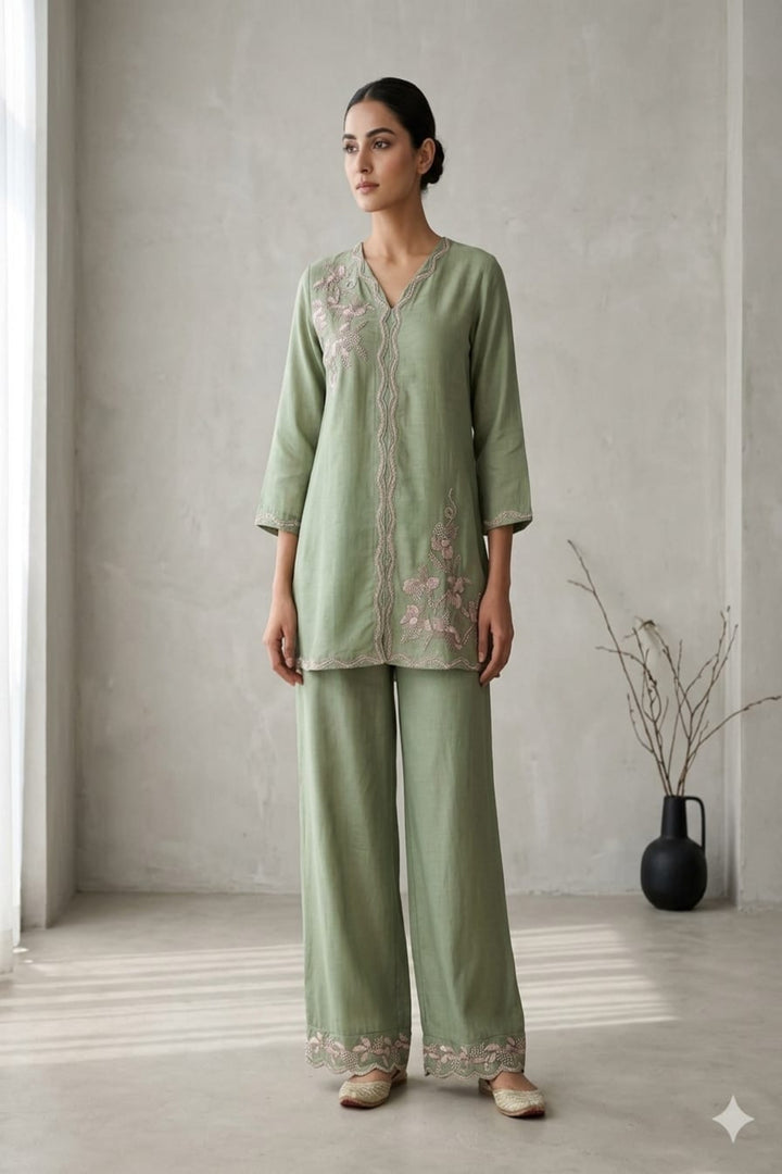 Drop 05 - Sage Bloom Hand-Embroidered V-Neck Tunic & Wide-Leg Pants