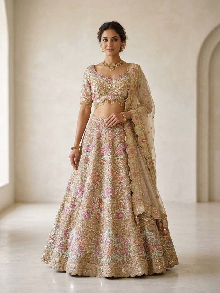 Drop 35 - Ivory Gold Floral Embroidered Bridal Lehenga Set