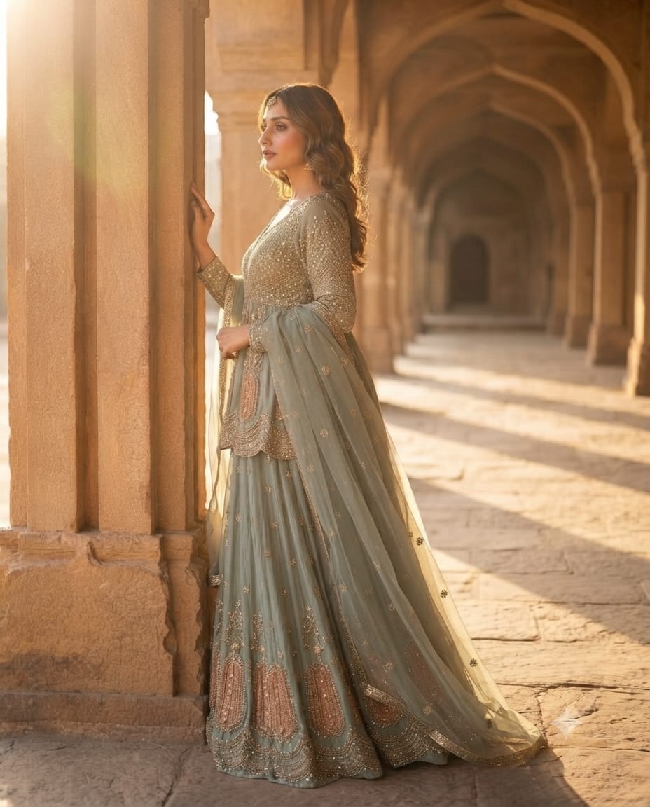 Royal Sky Blue Tissue Silk Sharara Set adorned with sequins, pearl & cutdana embroidery.