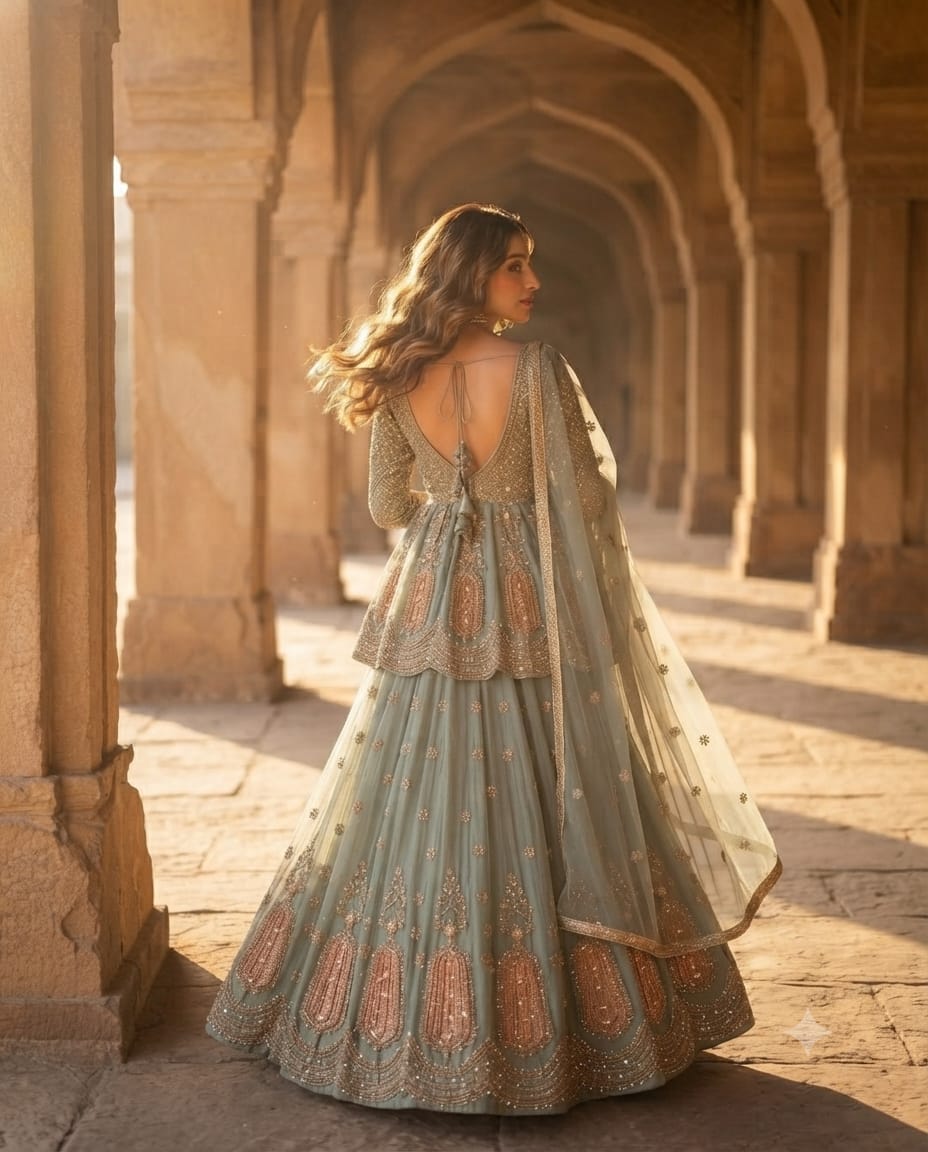 Royal Sky Blue Tissue Silk Sharara Set adorned with sequins, pearl & cutdana embroidery.