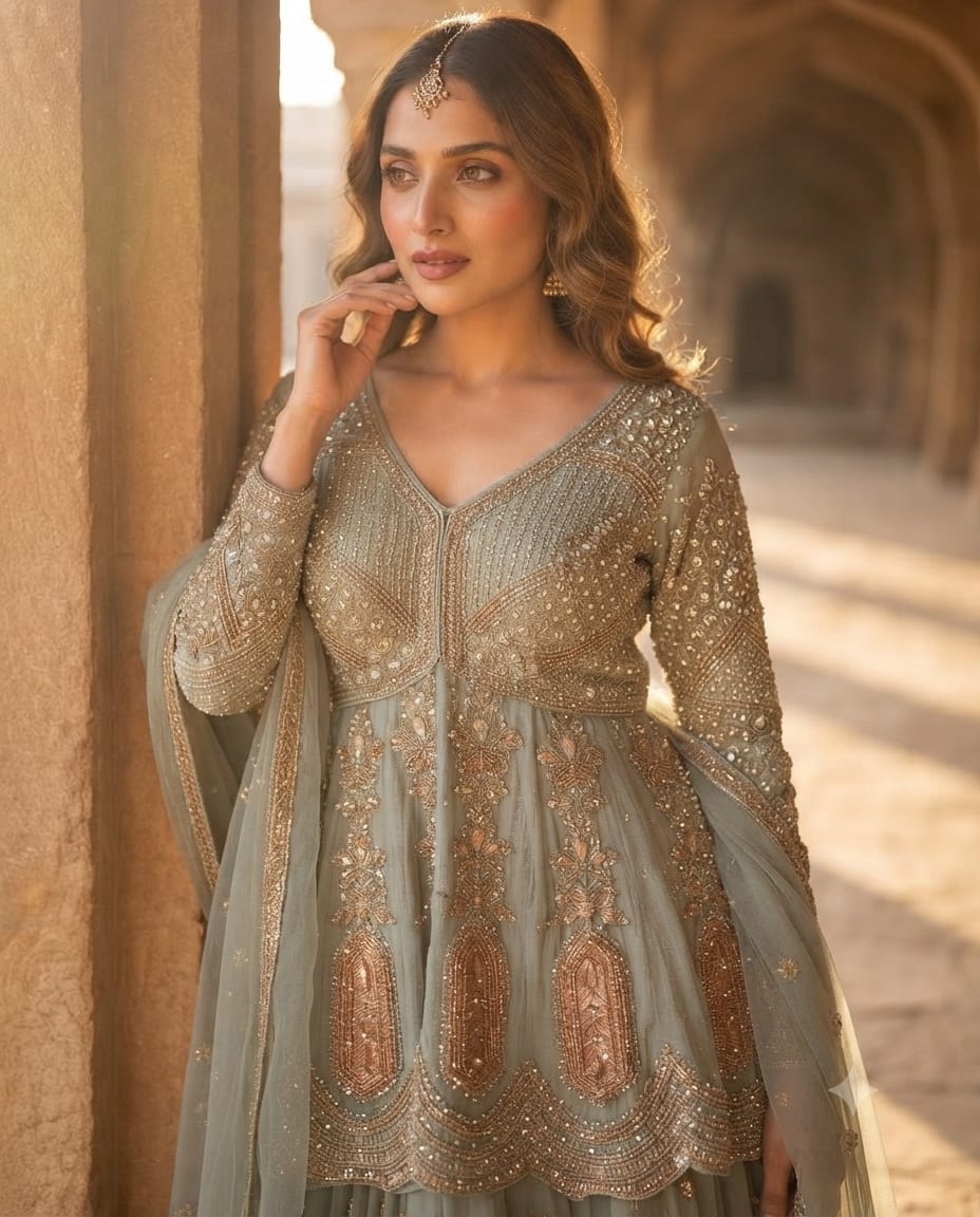 Royal Sky Blue Tissue Silk Sharara Set adorned with sequins, pearl & cutdana embroidery.