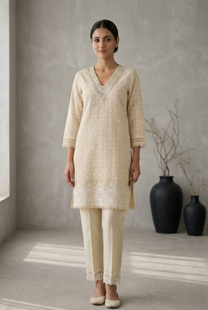 Drop 08 - The Beige  Chikankari straight Kurta Pant Set