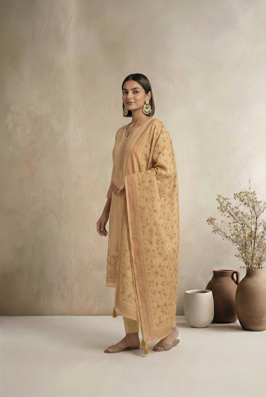 Patel Pink Floral Stripe Print  Linen Fabric Unstitched Suit