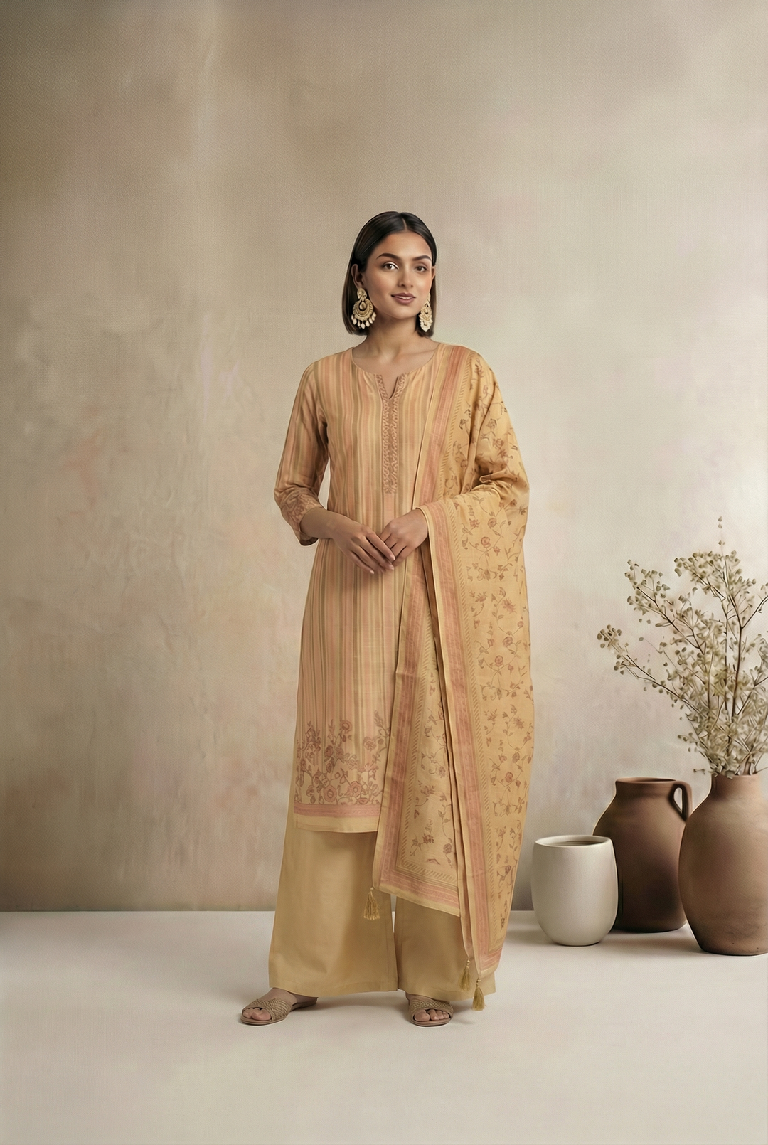 Patel Pink Floral Stripe Print  Linen Fabric Unstitched Suit