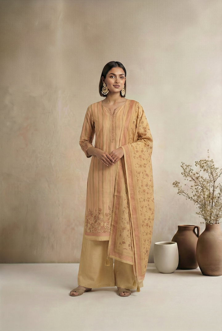 Patel Pink Floral Stripe Print  Linen Fabric Unstitched Suit