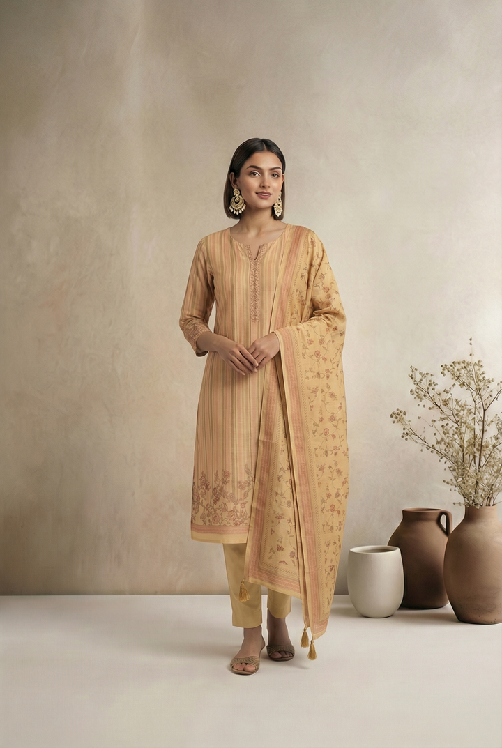 Patel Pink Floral Stripe Print  Linen Fabric Unstitched Suit