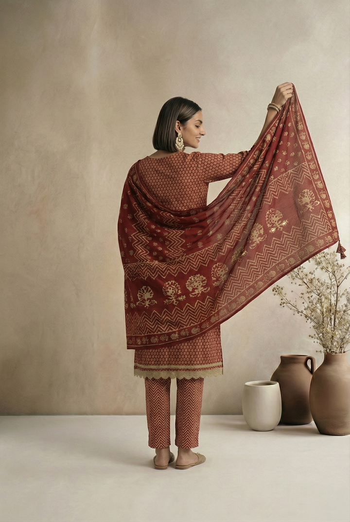 Printed Maroon Modal Fabric Unstitched Suit