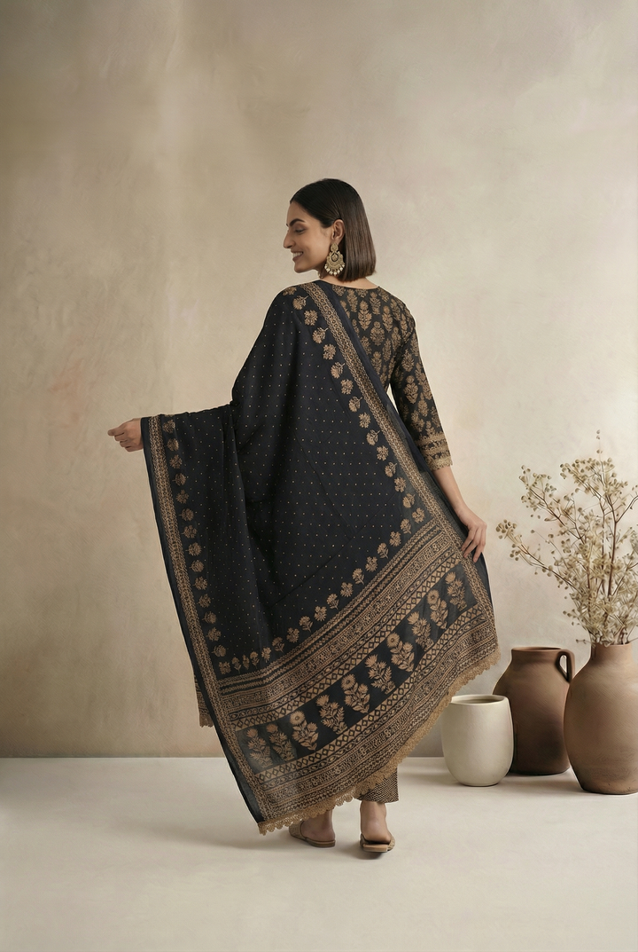 Blue And Gold Modal Fabric Unstitched Suit