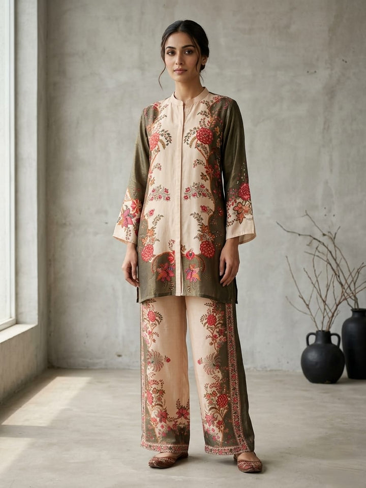 Drop 11 -  Beige & Olive Green Floral Printed Co-ord Set