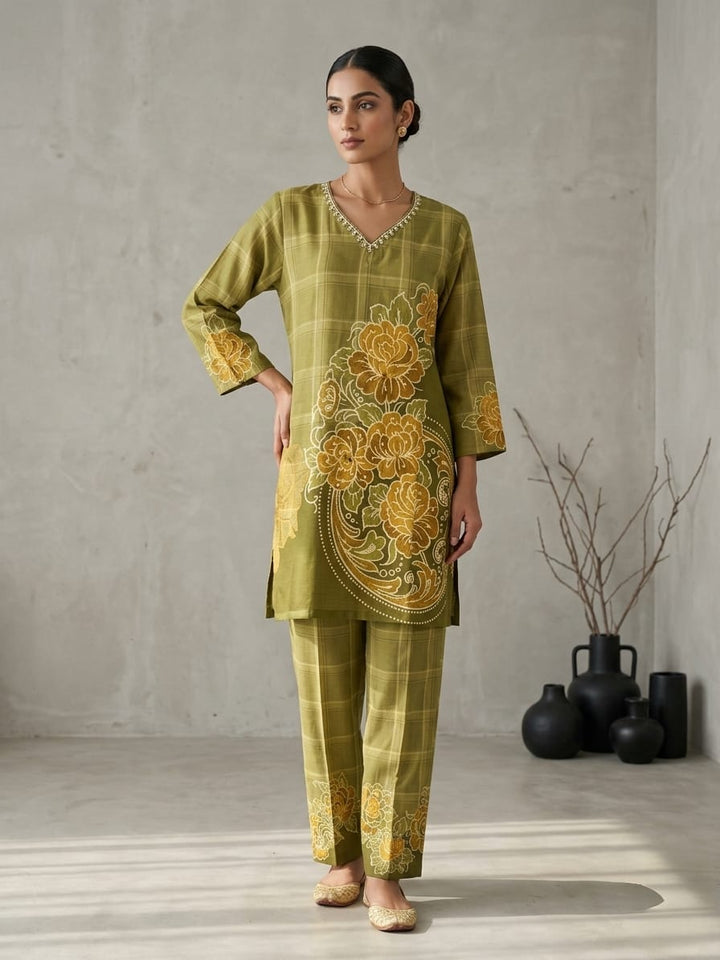 Drop 13 -Elegant Olive Green Floral Ethnic Co-ord Set