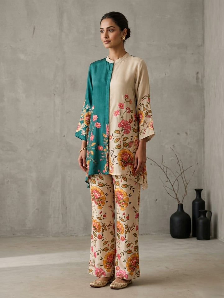 Drop 12 -Teal & Beige Floral Printed Co-ord Set