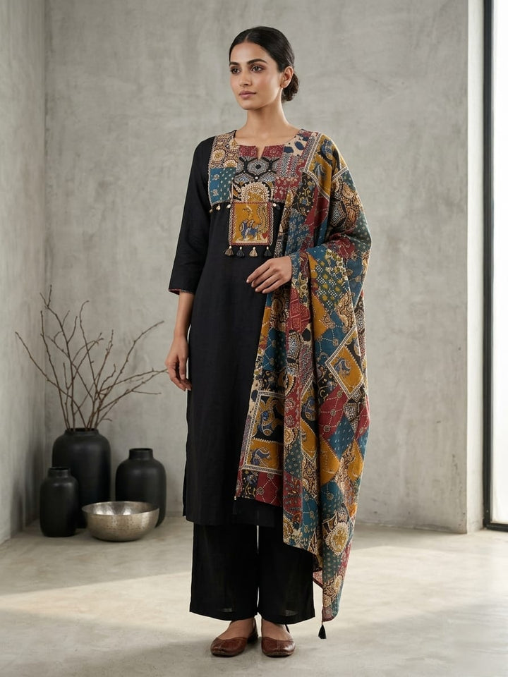 Drop 16 - Black Patchwork Printed Kurta Set with Multicolor Dupatta
