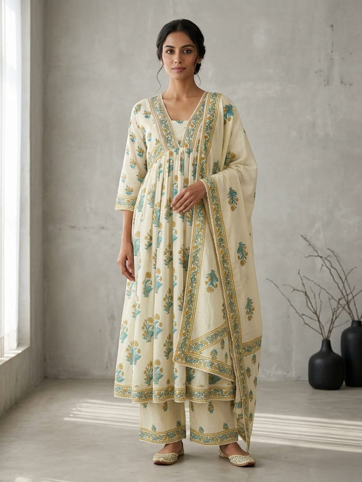 Drop 14 - Ivory Floral Embroidered Anarkali Kurta Set with Dupatta