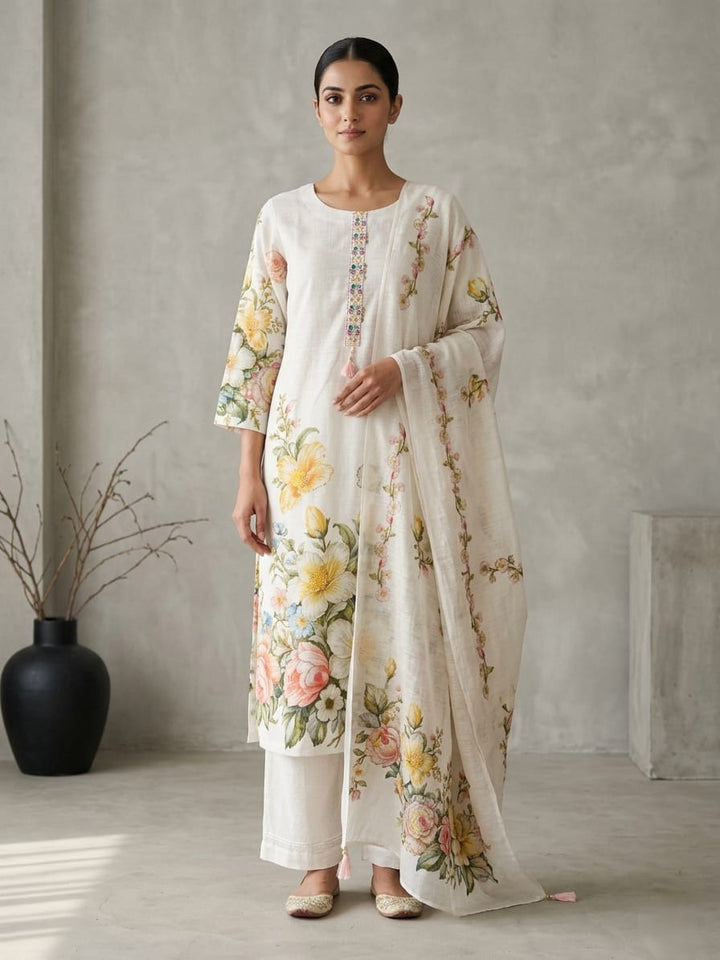 Drop 17 - Ivory Bloom Floral Printed Straight Kurta Set with Embroidered Neckline & Dupatta
