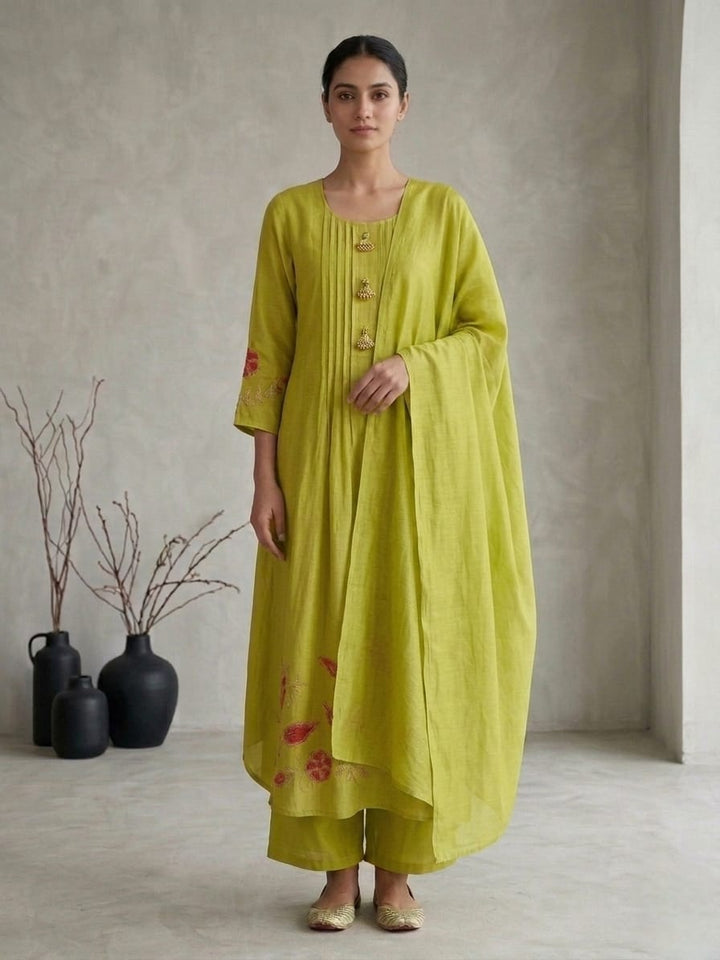 Drop 21 - Lime Green Pleated Kurta Set with Dupatta