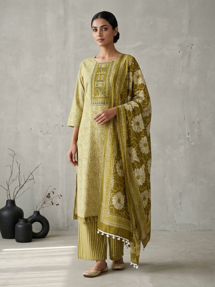 Drop 20 - Olive Green Floral Printed Kurta Set with Dupatta