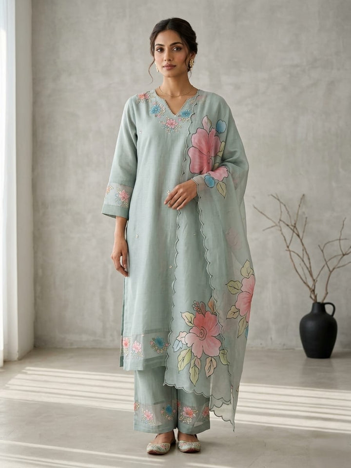 Drop 18 - Sage Green Floral Printed Kurta Set with Organza Dupatta