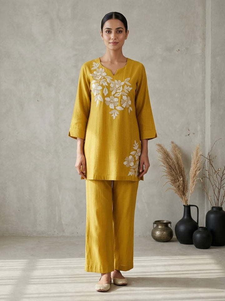 Drop 19 - Mustard Yellow Floral Embroidered Cotton Co-ord Set for Women