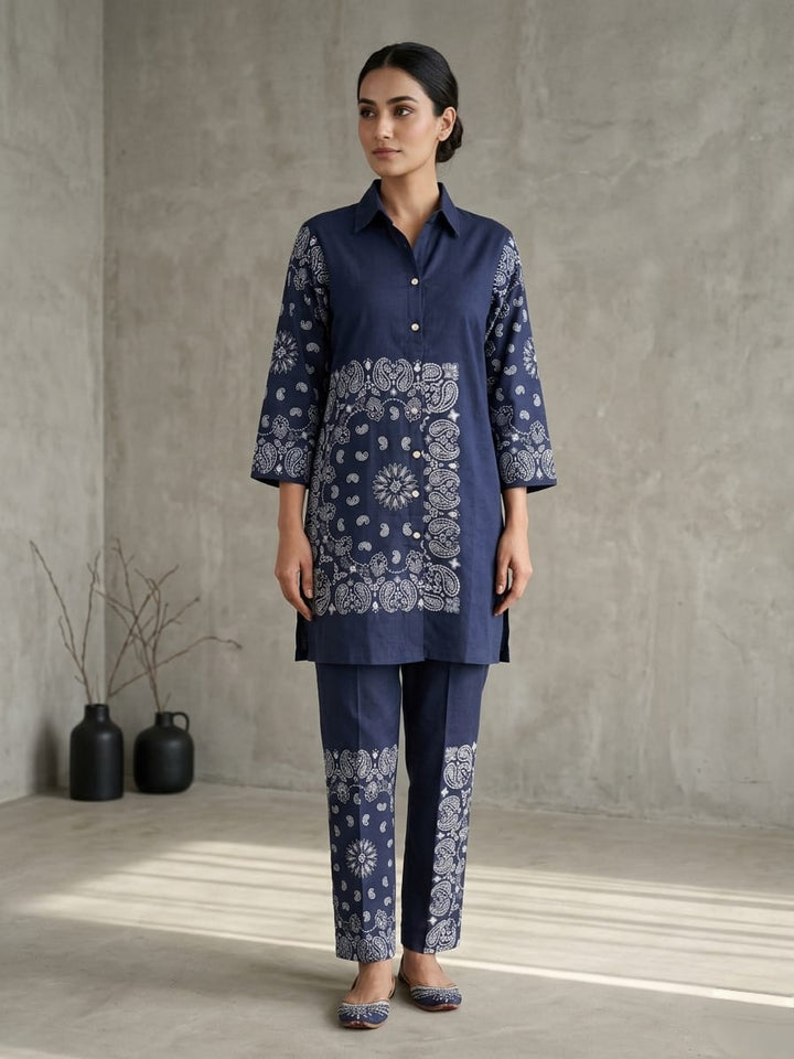 Drop 22 - Navy Blue Paisley Print Cotton Kurta Set with Straight Pants