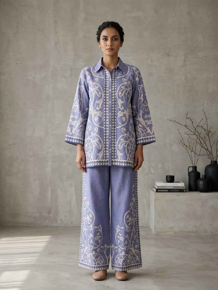 Drop 26 - Lavender Floral Embroidered Kurta Set with Wide-Leg Pants