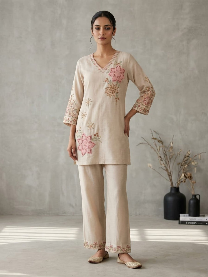 Drop 25 - Beige Floral Embroidered Cotton Kurta Set with Straight Pants