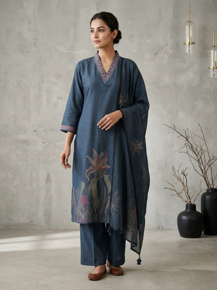 Drop 23 - Steel Blue Floral Print Kurta Set with Dupatta