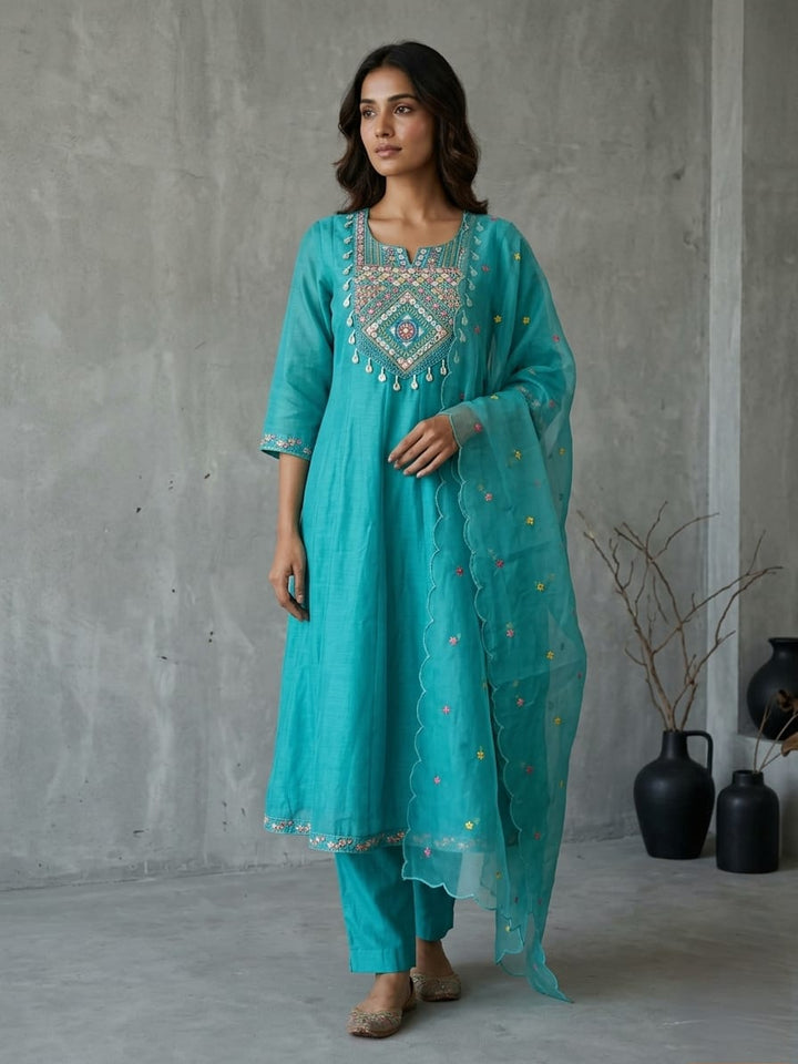 Drop 28 - Teal Blue Embroidered Cotton Kurta Set with Organza Dupatta