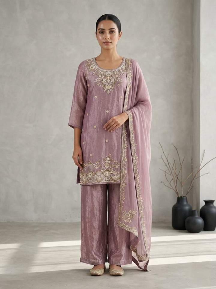 Drop 29 - Mauve Silk Blend Kurta Palazzo Set with Zari Embroidered Dupatta