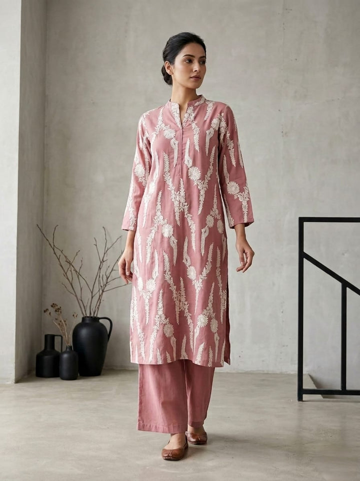 Drop 30 - Dusty Rose Straight Kurta Set with Floral Thread Embroidery