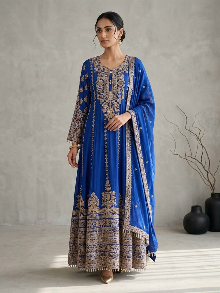 Drop 31 - Royal Blue Anarkali Suit Set with Heavy Zari Embroidery & Dupatta