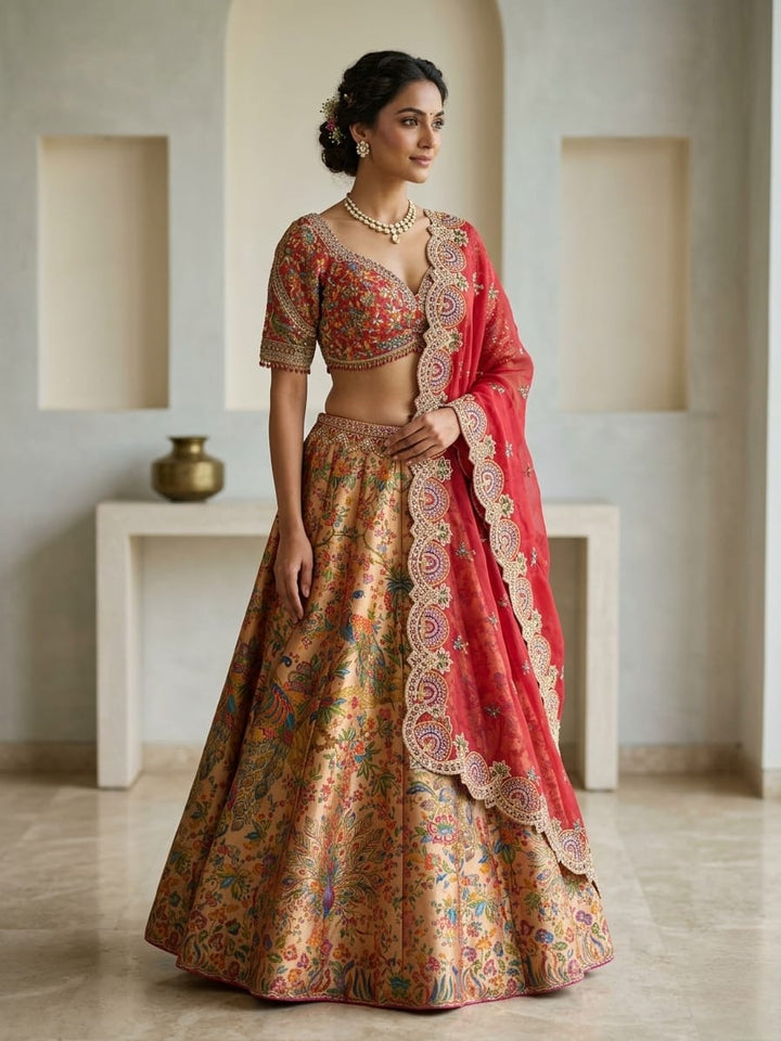 Drop 34 - Gold Multicolor Floral Banarasi Silk Lehenga Choli with Red Embroidered Dupatta