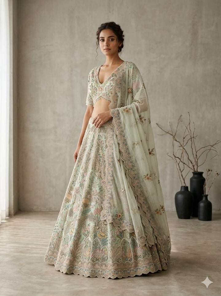 Drop 36 - Mint Green Pastel Embroidered Bridal Lehenga Set with Dupatta