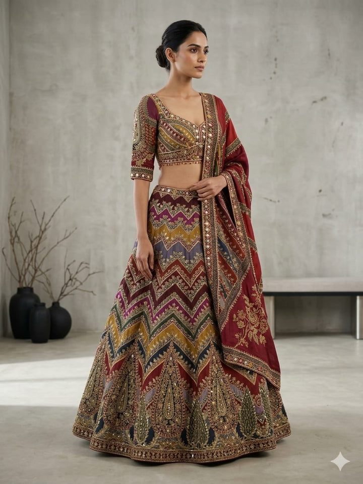 Drop 39 - Multicolor Chevron Bridal Lehenga Set with Heavy Zari Embroidery