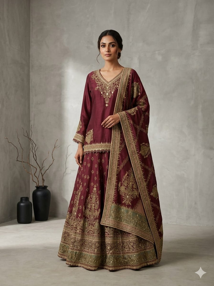 Drop 38 - Royal Maroon Festive lehenga Set with Heavy Gold Embroidery