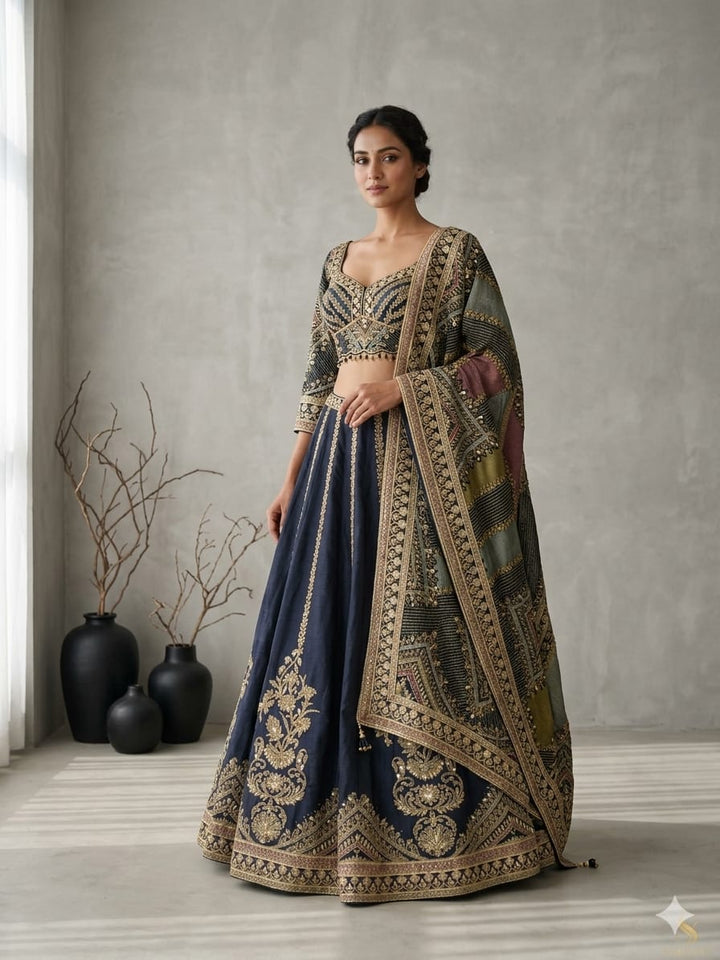 Drop 37 - Midnight Navy Bridal Lehenga Set with Antique Gold Zari Embroidery