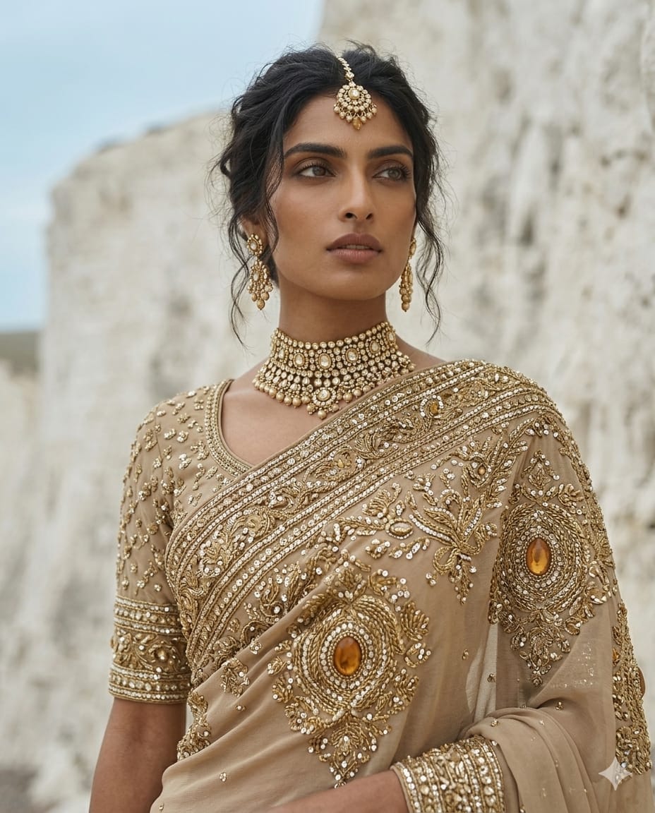 Drop 43 -Ivory gold georgette saree adorned with intricate bead and sequin work.