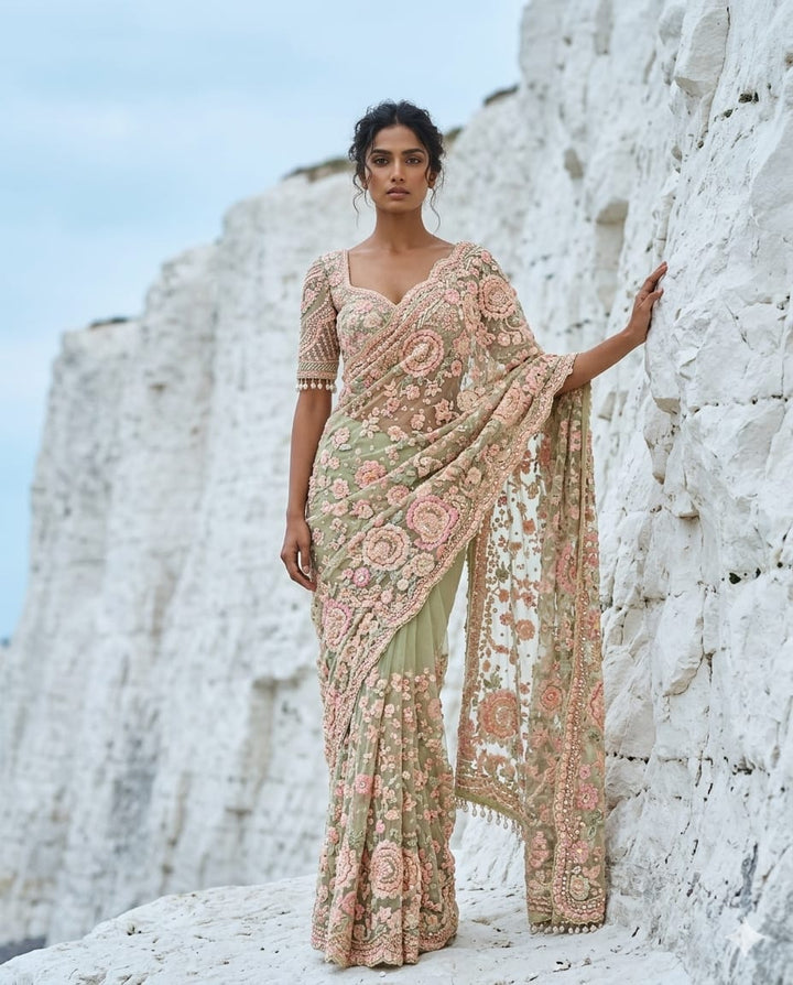 Drop 40 - Pista green net saree with elegant bead embroidery and a stitched blouse.