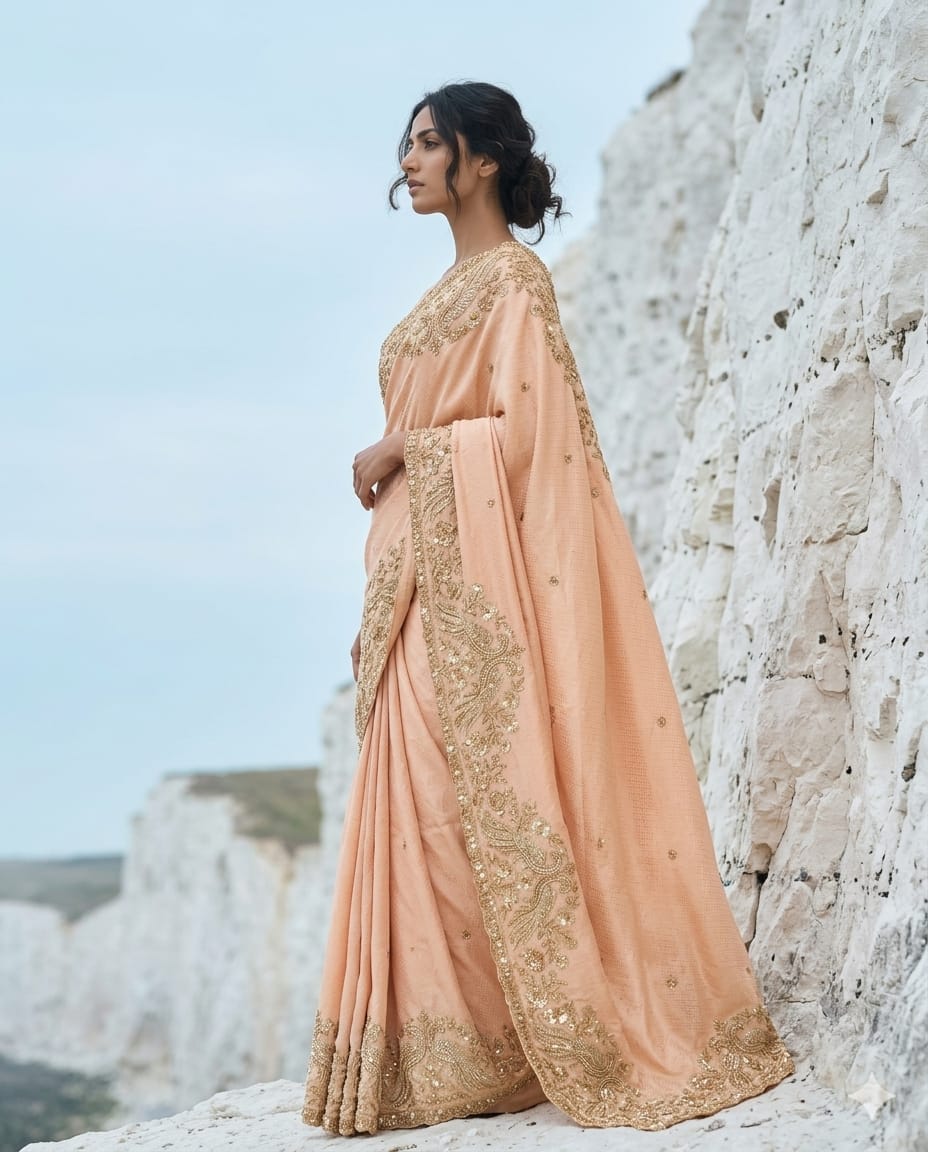 Drop 42 - Peach Banarasi silk saree adorned with intricate bead and sequin work.