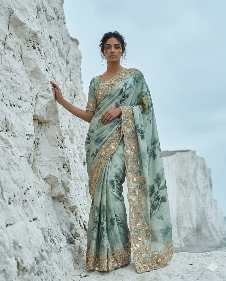 Drop 44 - Elegant green saree adorned with intricate bead and sequin embroidery.