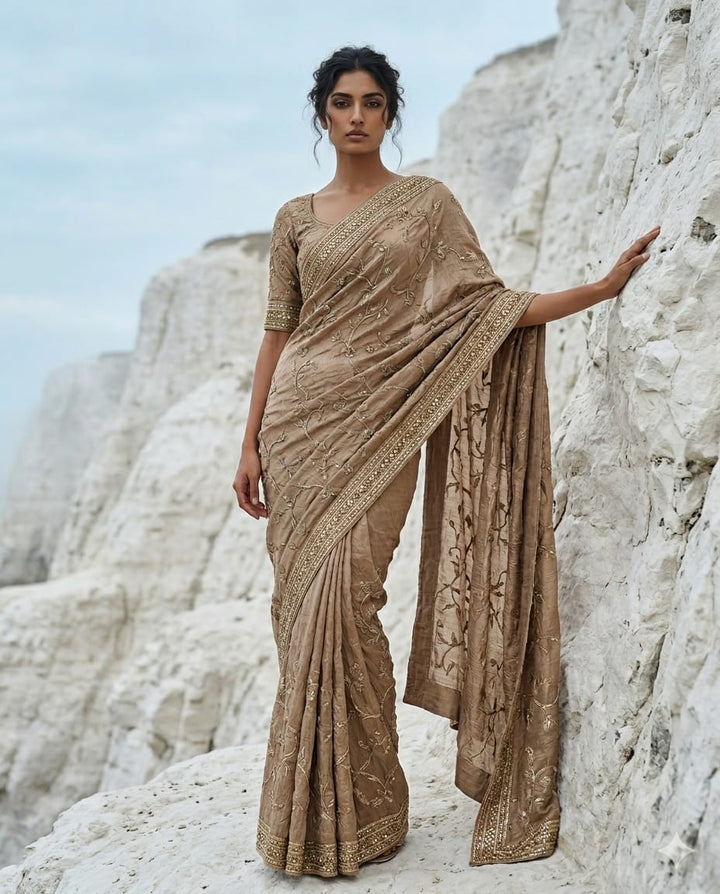 Drop 47 - Gold Beige Silk Saree with Bead & Sequin Embroidery.