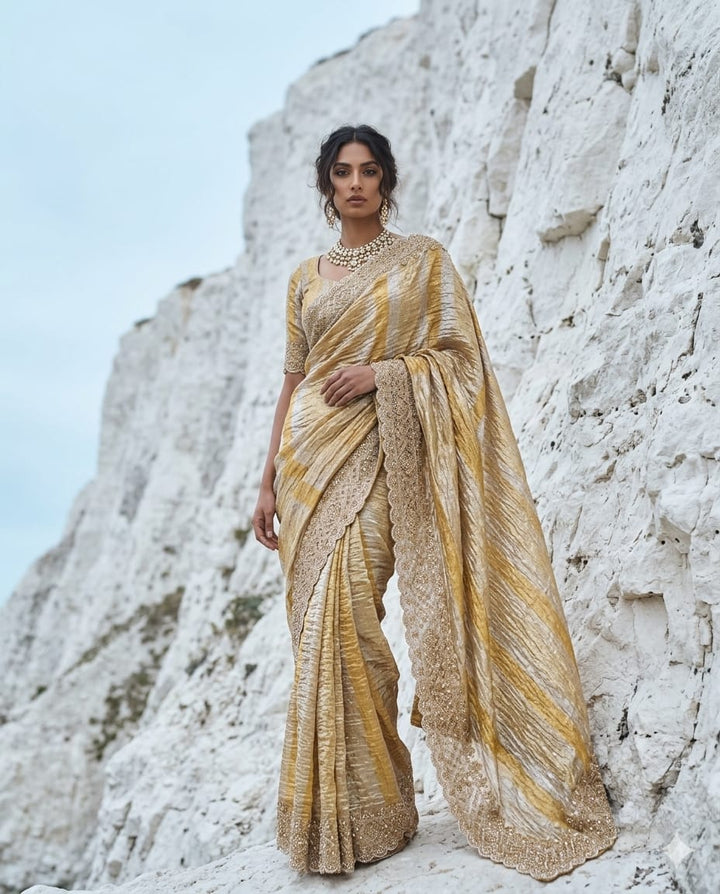 Drop48 -Multi Crushed Tissue Saree with bead & sequin embroidery. Unstitched blouse include