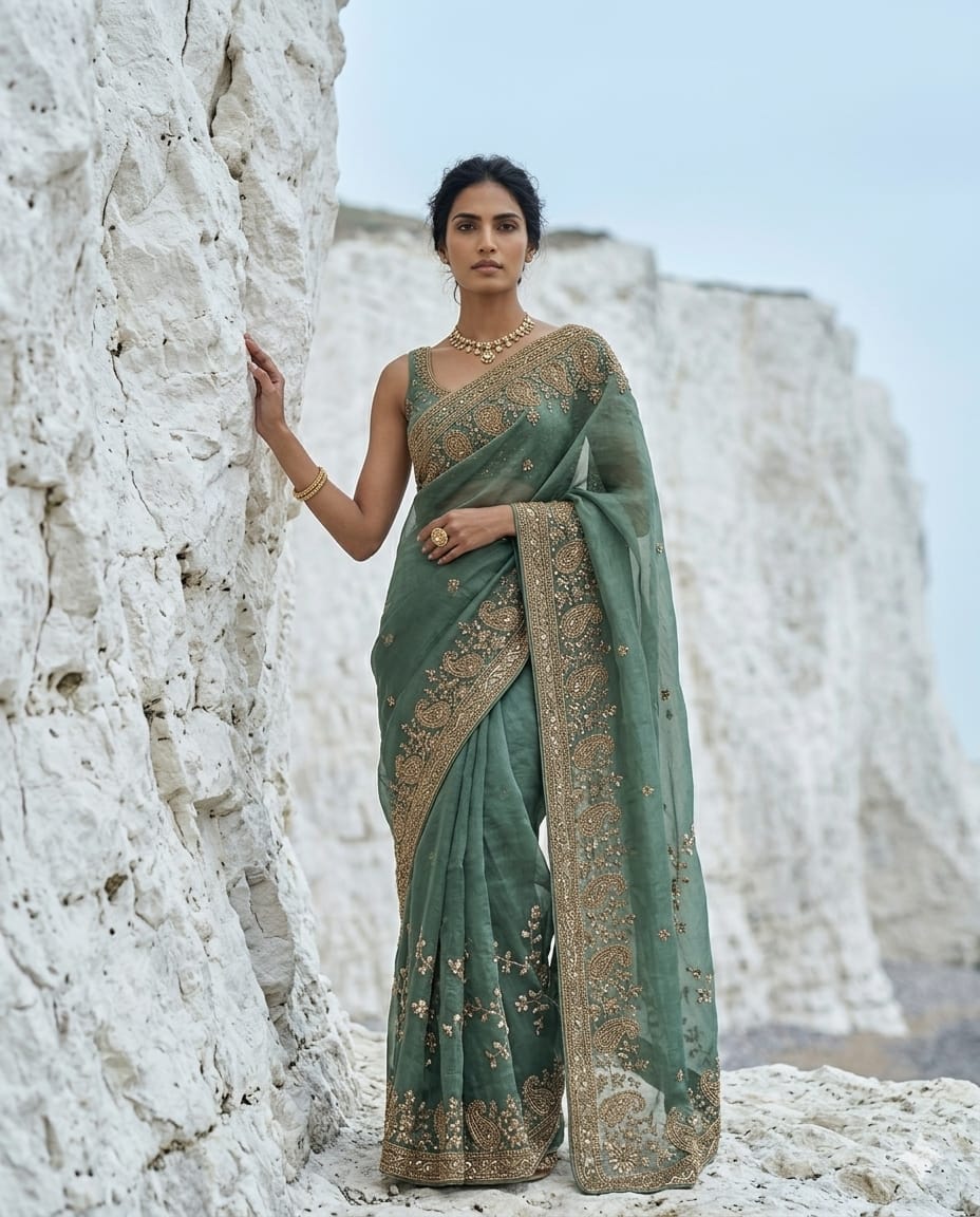 Drop 50 - Sage Green Organza Saree with elegant bead embroidery and unstitched blouse.