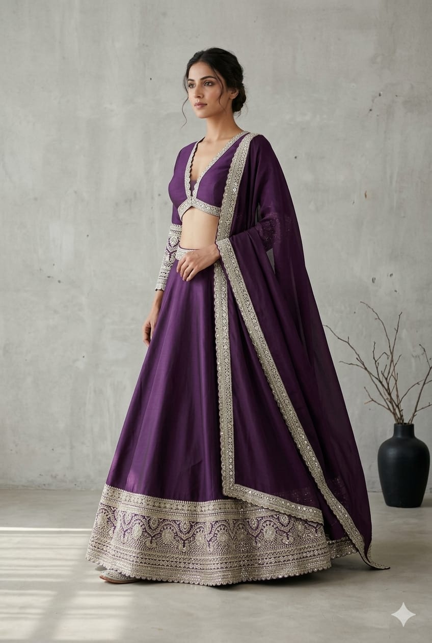 Royal Plum Embroidered Silk Lehenga Set with Dupatta