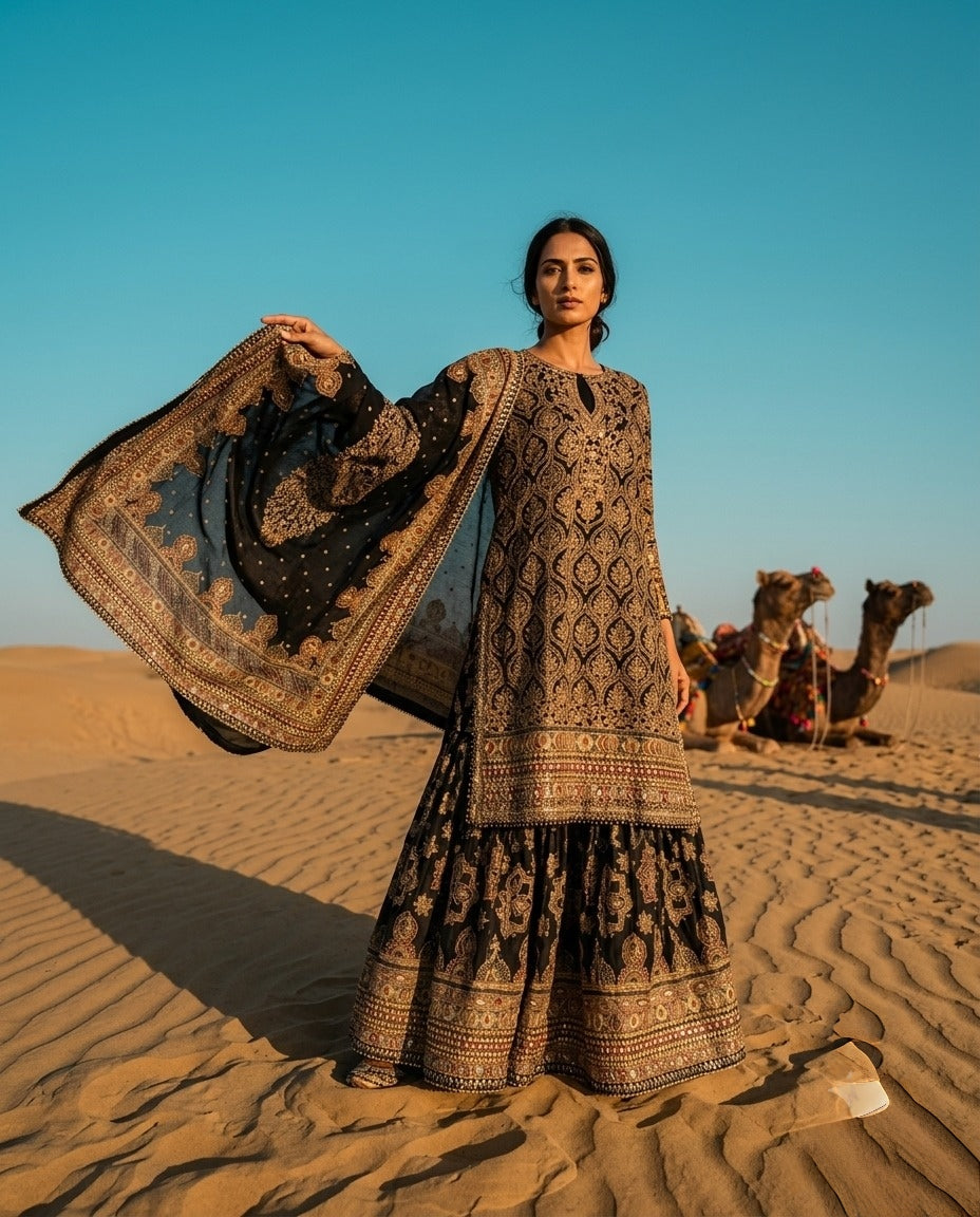 Black Printed Crepe Kurta with Farshi Salwar & Printed Dupatta Set