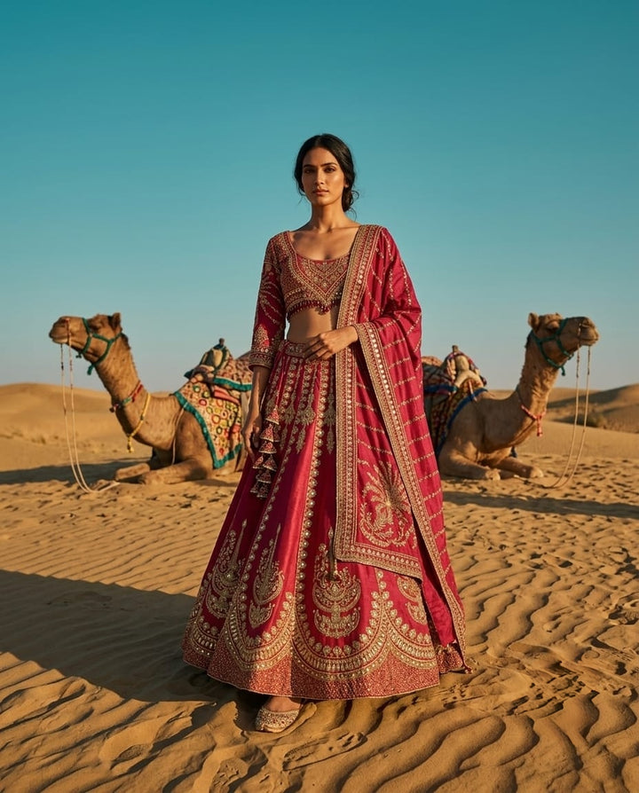 Elegant pink crepe lehenga with heavy embroidery for a royal festive look.