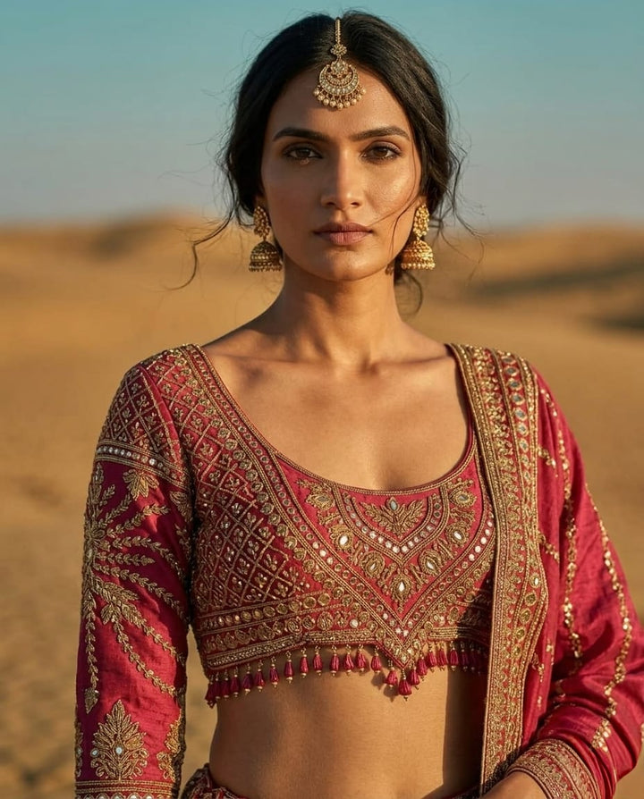 Elegant pink crepe lehenga with heavy embroidery for a royal festive look.