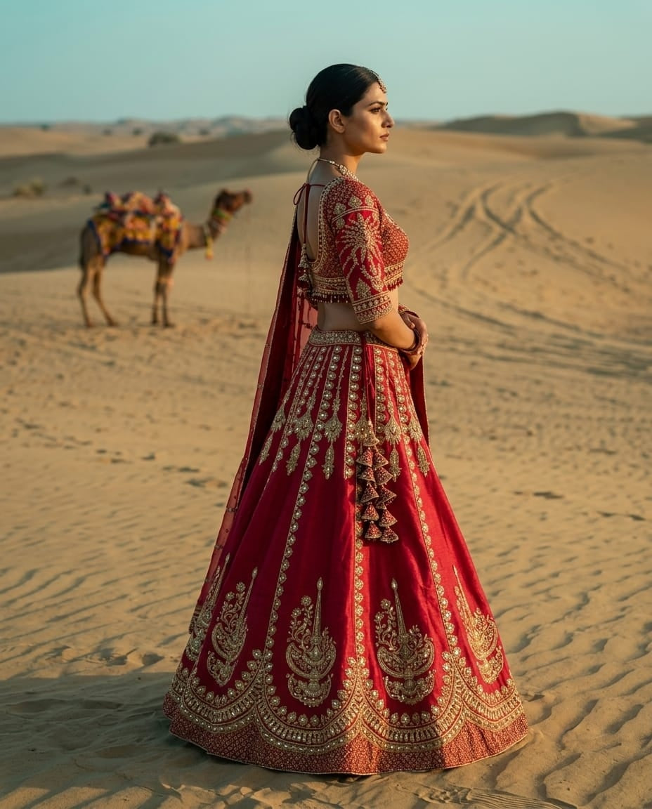 Elegant pink crepe lehenga with heavy embroidery for a royal festive look.