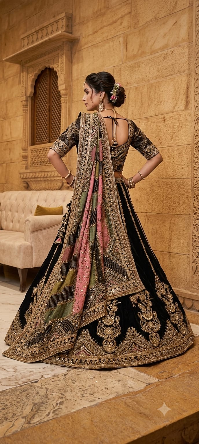 Navy Blue Crepe Lehenga with heavy dori embroidery.