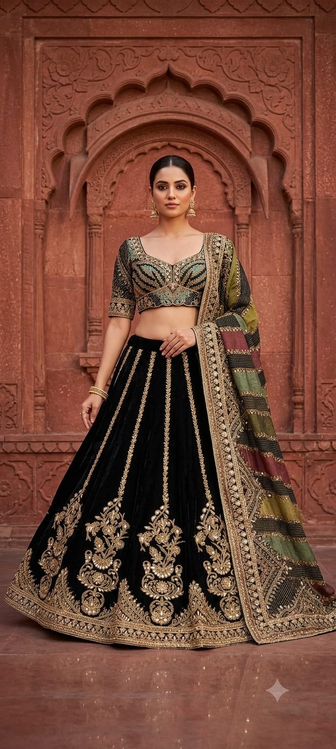 Navy Blue Crepe Lehenga with heavy dori embroidery.